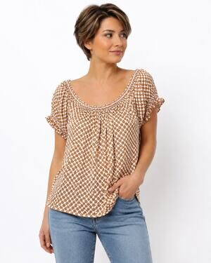 LR4609 Max Studio Medium Off Shoulder Peasant Blouse Geometric Print Boho Top